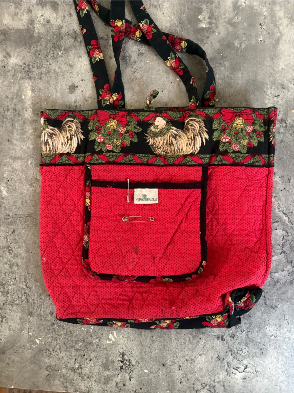 Vera Bradley Red Quilted Tote with Black Floral Rooster Trim